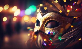 Venetiaanse masker met abstract onscherp bokeh lichten en glimmend slingers voor carnaval feest. maskerade vermomming concept. wazig bokeh achtergrond. generatief ai. foto