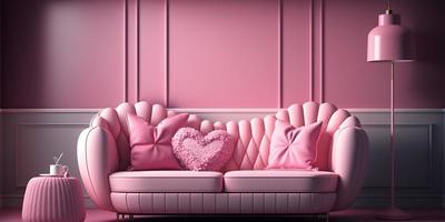 Valentijn modern interieur kamer hebben wit roze sofa kleur en element huis decor voor Valentijnsdag dag generatief ai. foto