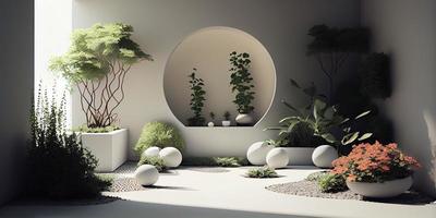 concept interieur, decoratie, comfort in de huis. minimalistische tuin binnen- voor inspiratie decoratie generatief ai. foto