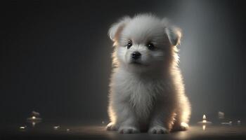 wit schattig puppy foto schieten Aan binnen- studio met filmische verlichting. groot zwart ogen. generatief ai.