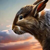 illustratie van een majestueus konijn aan het kijken de zonsondergang gemaakt met generatief ai technologie foto