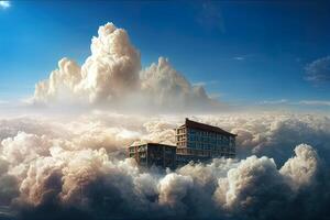 illustratie van een hotel in de wolken foto