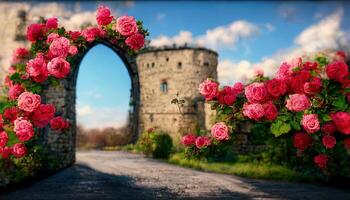 illustratie van een oud kasteel poort met bloeiend rozen foto