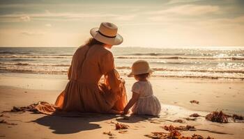 moeder en kind genieten van een ontspannen dag Bij de strand, met de zee en zon het verstrekken van een mooi achtergrond. moeder dag. generatief ai foto