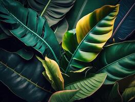 abstract groen tropisch banaan en monstera bladeren achtergrond gemaakt met generatief ai technologie foto