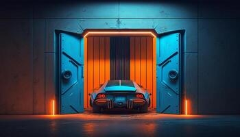 ondergronds neon oranje blauw sci fi futuristische rots muur beton kelder parkeren. generatief ai foto