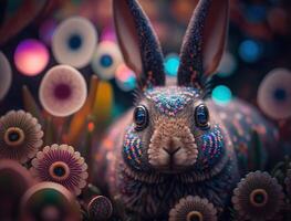 gelukkig Pasen achtergrond concept konijn met Pasen eieren Aan weide met bloemen gemaakt met generatief ai technologie foto