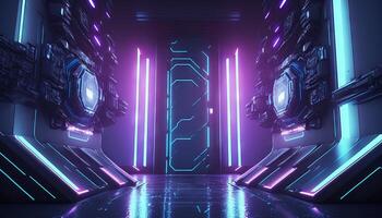 3d illustratie van blauw en Purper futuristische sci-fi techno lichten-cool achtergrond. generatief ai foto