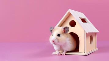 ai gegenereerd syrisch wit gember hamster Aan roze achtergrond in houten klein decoratief huis voor knaagdieren kopiëren ruimte huisdier liefde en zorg generatief ai foto