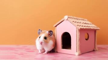 ai gegenereerd syrisch wit gember hamster Aan roze oranje achtergrond in houten klein decoratief huis voor knaagdieren kopiëren ruimte huisdier liefde en zorg generatief ai foto