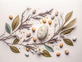 gelukkig Pasen achtergrond concept met Pasen eieren en wilg Afdeling Aan een wit achtergrond gemaakt met generatief ai technologie foto