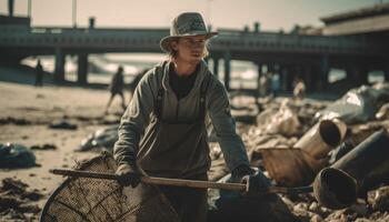 een persoon deelnemen in een strand of rivier- schoonmaken, met een focus Aan de bedrag van uitschot en de gevolg het heeft Aan de omgeving. generatief ai foto