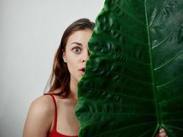 mooi vrouw covers voor de helft van haar gezicht met een groen blad licht achtergrond studio foto