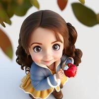 schattig meisje bruin haar- blauw ogen wit huid golvend haar- Holding een appel generatief ai foto