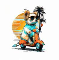 logo baby hond ritten een scooter Aan de weg Aan wit achtergrond generatief ai foto