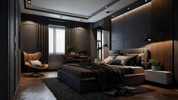 modern stijl, h interieur van de hotel kamer, een groot slapen bed in donker tonen in daglicht, generatief ai. foto