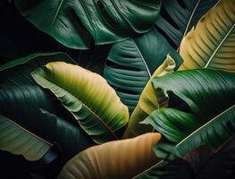 abstract groen tropisch banaan en monstera bladeren achtergrond gemaakt met generatief ai technologie foto