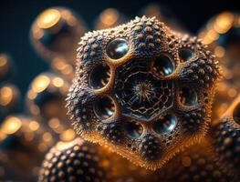 een eindeloos fractals gemaakt van zwart en goud Kristallen natuurlijk edelsteen generatief ai technologie foto