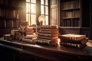 stack van boeken Aan de tafel een Open boek of leerboek onderwijs literatuur. foto