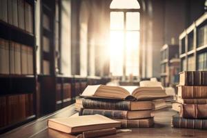 stack van boeken Aan de tafel een Open boek of leerboek onderwijs literatuur. foto