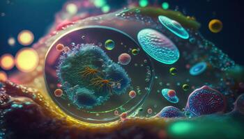 bacterie en virus cellen wereld onder de microscoop gemaakt met generatief ai technologie foto