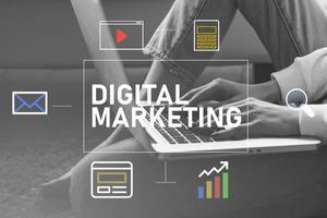 digitaal marketing, koppeling gebouw en online branding achtergrond foto