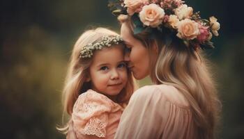 weinig meisje Holding bloemen, knuffelen haar moeder en vieren moeder dag. generatief ai foto