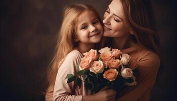 weinig meisje Holding bloemen, knuffelen haar moeder en vieren moeder dag. generatief ai foto