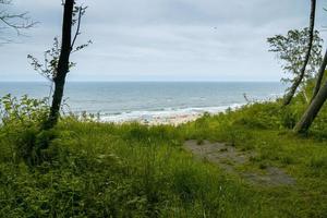 visie van de steile helling naar de strand Aan de Baltisch zee Aan een zomer dag foto