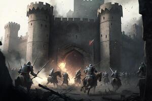 aanval Aan de kasteel door middeleeuws oorlogen. troep strijd. ai gegenereerd foto