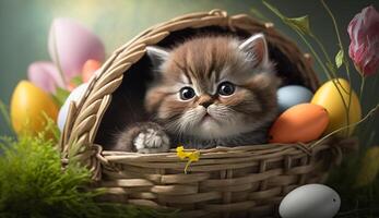 een schattig katje in een Pasen mand ai generatief foto