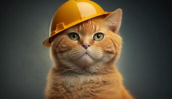 gember kat in een geel beschermend helm ai generatief foto