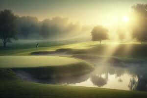 ochtend- groen golf veld- met zwembad met zonlicht gemaakt met generatief ai foto