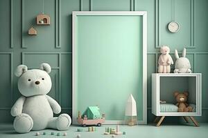 groen Scandinavisch interieur kinderen' slaapkamer met speelgoed een poppen ai gegenereerd foto