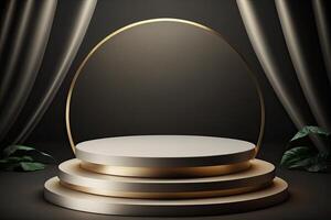 cirkel ronde podium stadium platform goud luxe Product plaatsing Scherm gemaakt met generatief ai foto