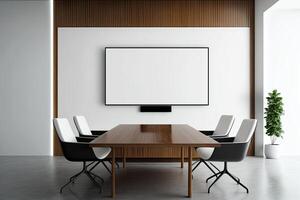 interieur van modern kantoor vergadering kamer zwart en wit met houten meubilair conferentie tafel met zwart stoelen en bespotten omhoog gemaakt met generatief ai foto