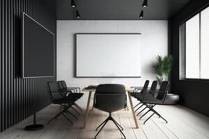 interieur van modern kantoor vergadering kamer zwart en wit met houten meubilair conferentie tafel met zwart stoelen en bespotten omhoog gemaakt met generatief ai foto