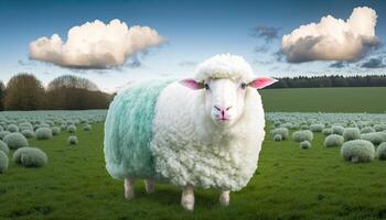 schattig grappig pluizig blauw en wit schapen Aan een groen velden fantasie foto