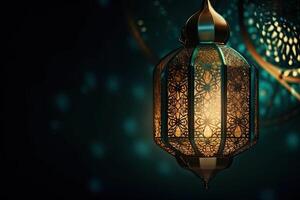 Islamitisch lantaarn staat met kaars licht en Arabisch ornament, Ramadan kareem groen achtergrond gegenereerd ai foto