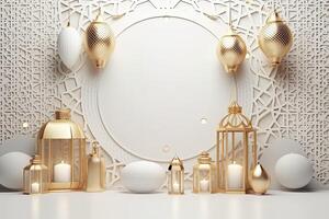 Islamitisch lantaarn gouden en wit luxe glimmend ornament Ramadan kareem viering achtergrond ai gegenereerd foto