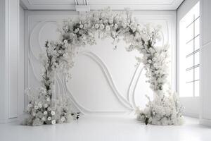 bruiloft backdrop esthetisch bloem decoratie binnen- studio achtergrond ai gegenereerd foto