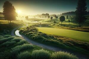 ochtend- groen golf veld- met zwembad met zonlicht gemaakt met generatief ai foto