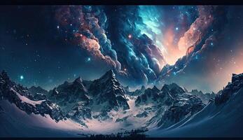 sneeuw berg heelal melkachtig manier sterren andere dimensie wolk ruimte explosie achtergrond ai gegenereerd foto
