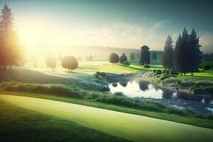 ochtend- groen golf veld- met zwembad met zonlicht gemaakt met generatief ai foto