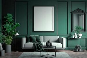 modern leven kamer met planten, teller en lijst.wit groen pastel kleur achtergrond gemaakt met generatief ai foto