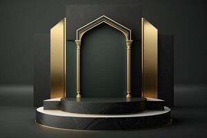 luxe Islamitisch Ramadan podium stadium Product Scherm groen en goud kader ai gegenereerd foto