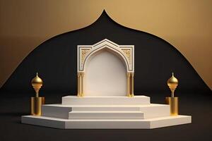 luxe Islamitisch Ramadan podium stadium Product Scherm goud en wit ai gegenereerd foto