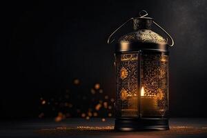 Islamitisch goud lantaarn staat met kaars licht ornament Ramadan kareem groen achtergrond gegenereerd ai foto