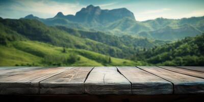 leeg houten tafel met groen berg achtergrond, vrij ruimte voor Product Scherm. generatief ai foto