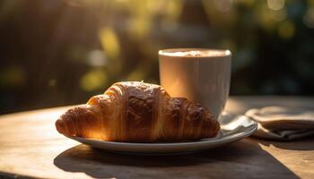 croissant en koffie Aan de tafel. zonnig ochtend, straat visie in de achtergrond. generatief ai foto